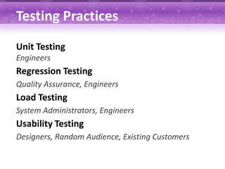Testing Practices
Unit Testing
Engineers
Regression Testing
Quality Assurance, Engineers
Load Testing
System Administrators, Engineers
Usability Testing
Designers, Random Audience, Existing Customers
 