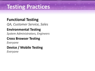 Testing Practices
Functional Testing
QA, Customer Service, Sales
Environmental Testing
System Administrators, Engineers
Cross Browser Testing
Everyone
Device / Mobile Testing
Everyone
 