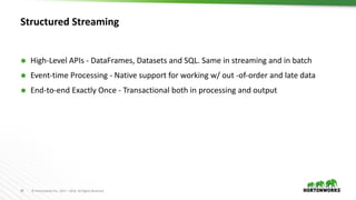 30 ©	Hortonworks	Inc.	2011	– 2016.	All	Rights	Reserved
Structured	Streaming
Ã High-Level	APIs	- DataFrames,	Datasets	and	SQL.	Same	in	streaming	and	in	batch
Ã Event-time	Processing	- Native	support	for	working	w/	out	-of-order	and	late	data
Ã End-to-end	Exactly	Once	- Transactional	both	in	processing	and	output
 