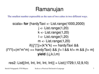 Ramanujan scala>  for  {hardyTaxi <- List.range(1000,2000) j <- List.range(1,20) k <- List.range(1,20) l <- List.range(1,20) m <- List.range(1,20) if((j*j*j)+(k*k*k) == hardyTaxi && (l*l*l)+(m*m*m) == hardyTaxi) && j!= l && k!= m && j!= m}  yield  (i,j,k,l,m) res2: List[(Int, Int, Int, Int, Int)] = List((1729,1,12,9,10) The smallest number expressible as the sum of two cubes in two different ways. 