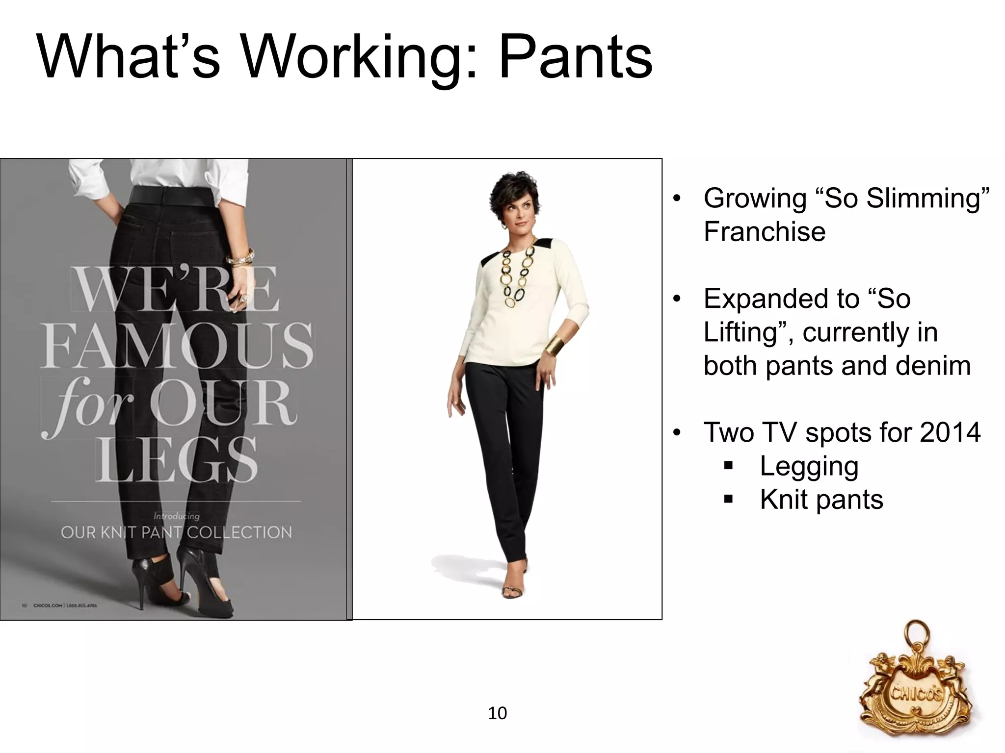 What’s Working: Pants 
•Growing “So Slimming” Franchise 
•Expanded to “So Lifting”, currently in both pants and denim 
•Two TV spots for 2014 
Legging 
Knit pants 
10  