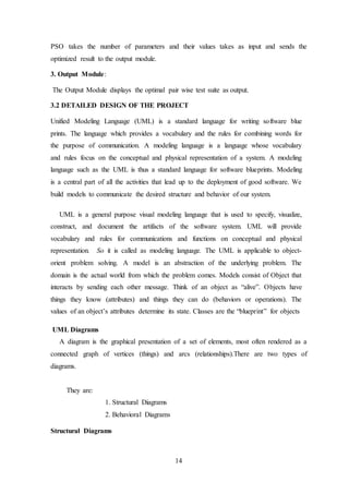 14
PSO takes the number of parameters and their values takes as input and sends the
optimized result to the output module.
3. Output Module:
The Output Module displays the optimal pair wise test suite as output.
3.2 DETAILED DESIGN OF THE PROJECT
Unified Modeling Language (UML) is a standard language for writing software blue
prints. The language which provides a vocabulary and the rules for combining words for
the purpose of communication. A modeling language is a language whose vocabulary
and rules focus on the conceptual and physical representation of a system. A modeling
language such as the UML is thus a standard language for software blueprints. Modeling
is a central part of all the activities that lead up to the deployment of good software. We
build models to communicate the desired structure and behavior of our system.
UML is a general purpose visual modeling language that is used to specify, visualize,
construct, and document the artifacts of the software system. UML will provide
vocabulary and rules for communications and functions on conceptual and physical
representation. So it is called as modeling language. The UML is applicable to object-
orient problem solving. A model is an abstraction of the underlying problem. The
domain is the actual world from which the problem comes. Models consist of Object that
interacts by sending each other message. Think of an object as “alive”. Objects have
things they know (attributes) and things they can do (behaviors or operations). The
values of an object’s attributes determine its state. Classes are the “blueprint” for objects
UML Diagrams
A diagram is the graphical presentation of a set of elements, most often rendered as a
connected graph of vertices (things) and arcs (relationships).There are two types of
diagrams.
They are:
1. Structural Diagrams
2. Behavioral Diagrams
Structural Diagrams
 