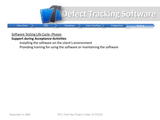  Marking a component as “Active” or “Closed”. Defect Tracking SoftwareSeptember 4, 2009DTS | Final Year Project | Dept. of CT,YCCEFunctionalitiesDefect Tracking:Creating defects,