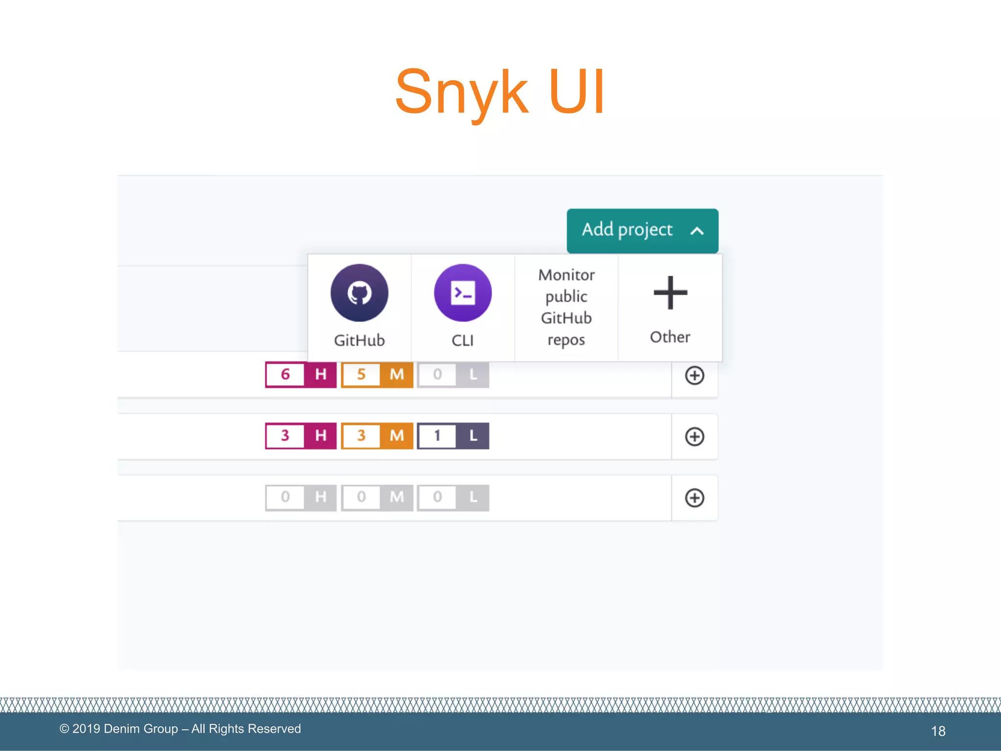 © 2019 Denim Group – All Rights Reserved
Snyk UI
18
 