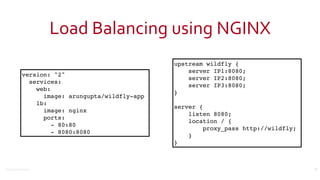 ©2016	Couchbase	Inc.
Load	Balancing	using	NGINX
35
upstream wildfly {
server IP1:8080;
server IP2:8080;
server IP3:8080;
}
server {
listen 8080;
location / {
proxy_pass http://wildfly;
}
}
version: "2"
services:
web:
image: arungupta/wildfly-app
lb:
image: nginx
ports:
- 80:80
- 8080:8080
 