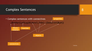 Complex Sentences
• Complex sentences with connectives
( ( ), ) ( ( ))Brother LeftLeg Richard John Democrat Bush¬ ∨
objects
connectives
Binary
relation
function
properties
11/03/16
8
 