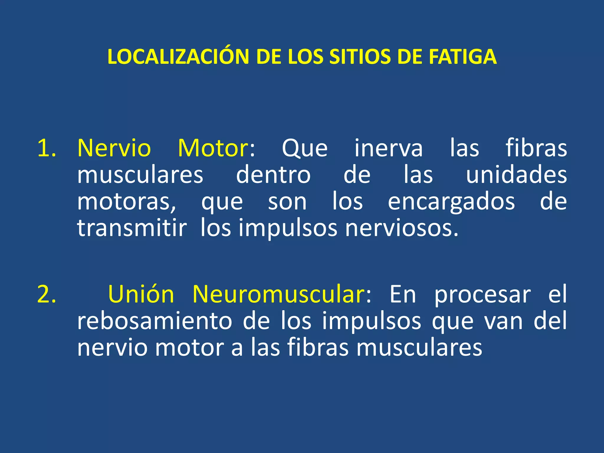 LOCALIZACIÓN DE LOS SITIOS DE FATIGA
1. Nervio Motor: Que inerva las fibras
musculares dentro de las unidades
motoras, que son los encargados de
transmitir los impulsos nerviosos.
2. Unión Neuromuscular: En procesar el
rebosamiento de los impulsos que van del
nervio motor a las fibras musculares
 