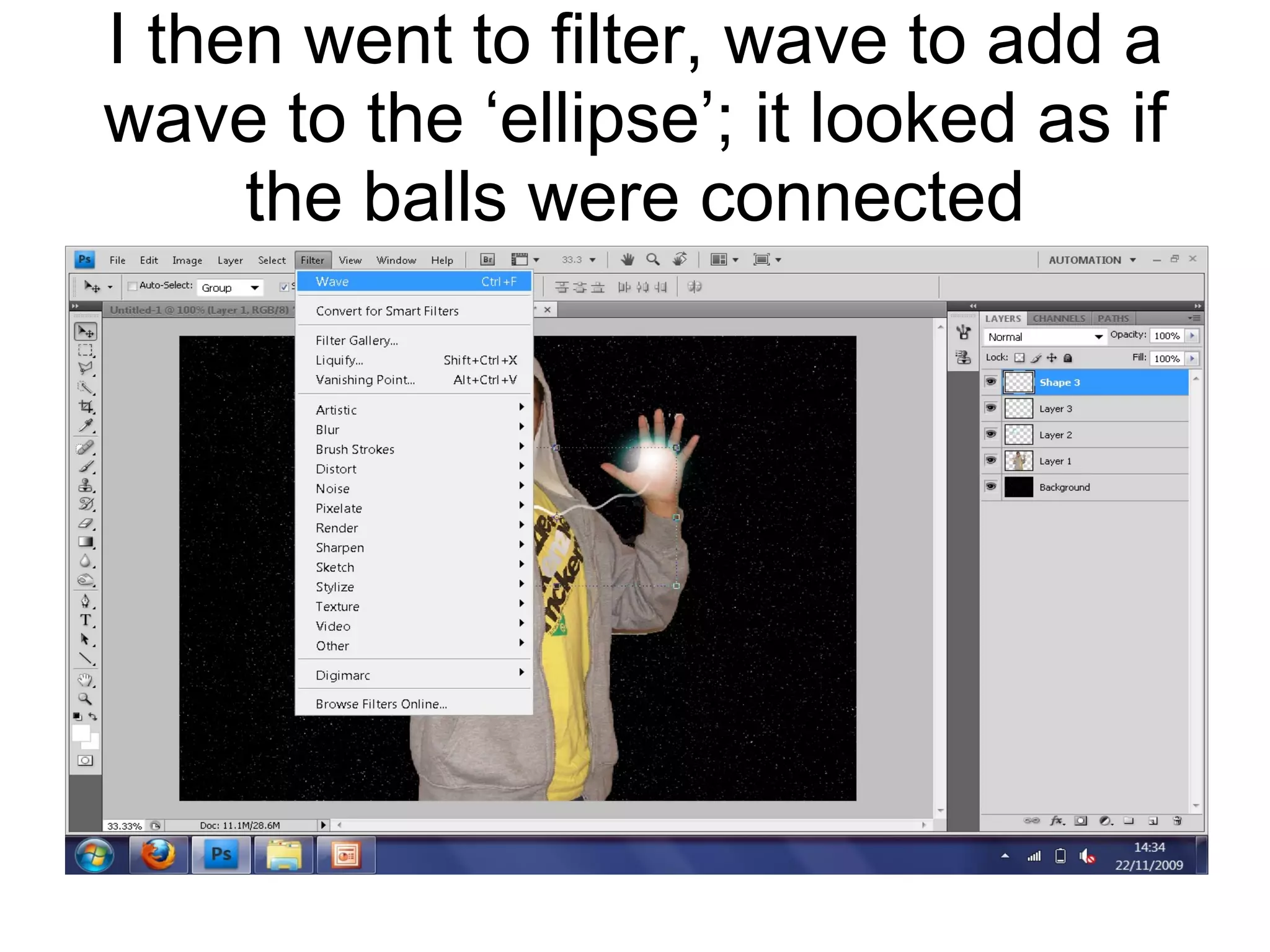 I then went to filter, wave to add a wave to the ‘ellipse’; it looked as if the balls were connected 