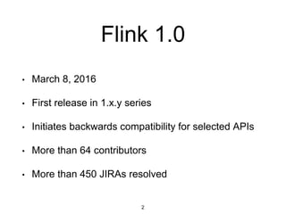 Flink 1.0
• March 8, 2016
• First release in 1.x.y series
• Initiates backwards compatibility for selected APIs
• More than 64 contributors
• More than 450 JIRAs resolved
2
 