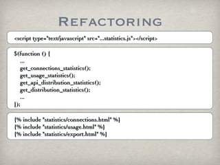 Refactoring
<script type="text/javascript" src="...statistics.js"></script>

$(function () {
   ...
   get_connections_statistics();
   get_usage_statistics();
   get_api_distribution_statistics();
   get_distribution_statistics();
   ...
});

{% include "statistics/connections.html" %}
{% include "statistics/usage.html" %}
{% include "statistics/export.html" %}
 