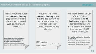 13
goo.gl/kxgzM1HTTP Archive referenced in research papers
. . .
In this article we utilize
the httparchive.org
[9] publicly available
dataset of captured
web performance
metrics
. . .
Desktop and mobile web page
comparison: characteristics,
trends, and implications
IEEE Communications Magazine (
Volume: 52, Issue: 9, September 2014 )
. . .
Recent stats from
httparchive.org show
that the top 300K URLs
in the world need on
average 38(!) TCP
connections to display
the site
. . .
HTTP2 explained
Computer Communication Review 44.3
(2014): 120-128.
. . .
We make extensive use
of the [...] data
available at HTTP
Archive to expose the
characteristics of 3rd
Party assets embedded
into the top 16,000
Alexa webpages
. . .
Are 3rd Parties Slowing Down the
Mobile Web?
Proceedings of the Eighth Wireless of
the Students, by the Students, and for
the Students Workshop. ACM, 2016.
 