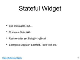 Stateful Widget
• Still immutable, but…
• Contains State<W>
• Redraw after setState(() -> {}) call
• Examples: AppBar, Scaffold, TextField, etc.
11https://flutter.io/widgets/
 