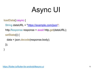 loadData() async {
String dataURL = "https://example.com/json";
http.Response response = await http.get(dataURL);
setState(() {
data = json.decode(response.body);
});
}
Async UI
13https://flutter.io/flutter-for-android/#async-ui
 