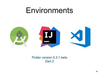 Environments
26
Flutter version 0.3.1 beta
Dart 2
 