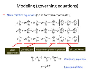 Modeling (governing equations)
 Navier-Stokes equations (3D in Cartesian coordinates)






∂
∂
+
∂
∂
+
∂
∂
+
∂
∂
−=
∂
∂
+
∂
∂
+
∂
∂
+
∂
∂
2
2
2
2
2
2
ˆ
z
u
y
u
x
u
x
p
z
u
w
y
u
v
x
u
u
t
u
µρρρρ






∂
∂
+
∂
∂
+
∂
∂
+
∂
∂
−=
∂
∂
+
∂
∂
+
∂
∂
+
∂
∂
2
2
2
2
2
2
ˆ
z
v
y
v
x
v
y
p
z
v
w
y
v
v
x
v
u
t
v
µρρρρ
( ) ( ) ( ) 0=
∂
∂
+
∂
∂
+
∂
∂
+
∂
∂
z
w
y
v
x
u
t
ρρρρ
RTp ρ=
Convection Piezometric pressure gradient Viscous termsLocal
acceleration
Continuity equation
Equation of state






∂
∂
+
∂
∂
+
∂
∂
+
∂
∂
−=
∂
∂
+
∂
∂
+
∂
∂
+
∂
∂
2
2
2
2
2
2
ˆ
z
w
y
w
x
w
z
p
z
w
w
y
w
v
x
w
u
t
w
µρρρρ
 