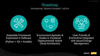 © 2018 SPLUNK INC.© 2018 SPLUNK INC.
Adaptable Framework
Expressed in Software
(Python + Git + Ansible)
Environment Agnostic &
Scales to Clustered
Deployments& Hybrid
Cloud Architecture
User Friendly &
End-to-End Integrated
with Issue/Change
Management
Roadmap
Introducing “Splunk Compiler” (v2.0+)
 
