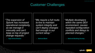 © 2018 SPLUNK INC.© 2018 SPLUNK INC.
Customer Challenges
“The expansion of
Splunk has increased
operational complexity,
as we manage it
manually and can’t
keep on top of project
change requests.”
– High-Street Retailer
“We require a full route-
to-live to maintain
system integrity and
can’t deploy changes
fast enough in our
current setup.”
– National Bank
“Multiple developers
within the same DEV
environment, causes
repeated configuration
conflicts and delays to
planned changes.”
– National Building Society
 