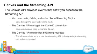 Canvas and the Streaming API
The Canvas API provides events that allow you access to the
Streaming API
▪ You can create, delete, and subscribe to Streaming Topics
• Done through the Canvas Eventing model

▪ The Canvas API manages the CometD connection
• Your app does not need to manage its own

▪ The Canvas API multiplexes streaming requests
• This allows multiple apps to use the streaming API, but only a single streaming
connection is required

Salesforce.com Confidential

 