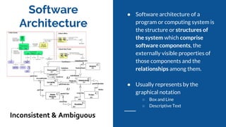 Software
Architecture
● Software architecture of a
program or computing system is
the structure or structures of
the system which comprise
software components, the
externally visible properties of
those components and the
relationships among them.
● Usually represents by the
graphical notation
○ Box and Line
○ Descriptive Text
Inconsistent & Ambiguous
 