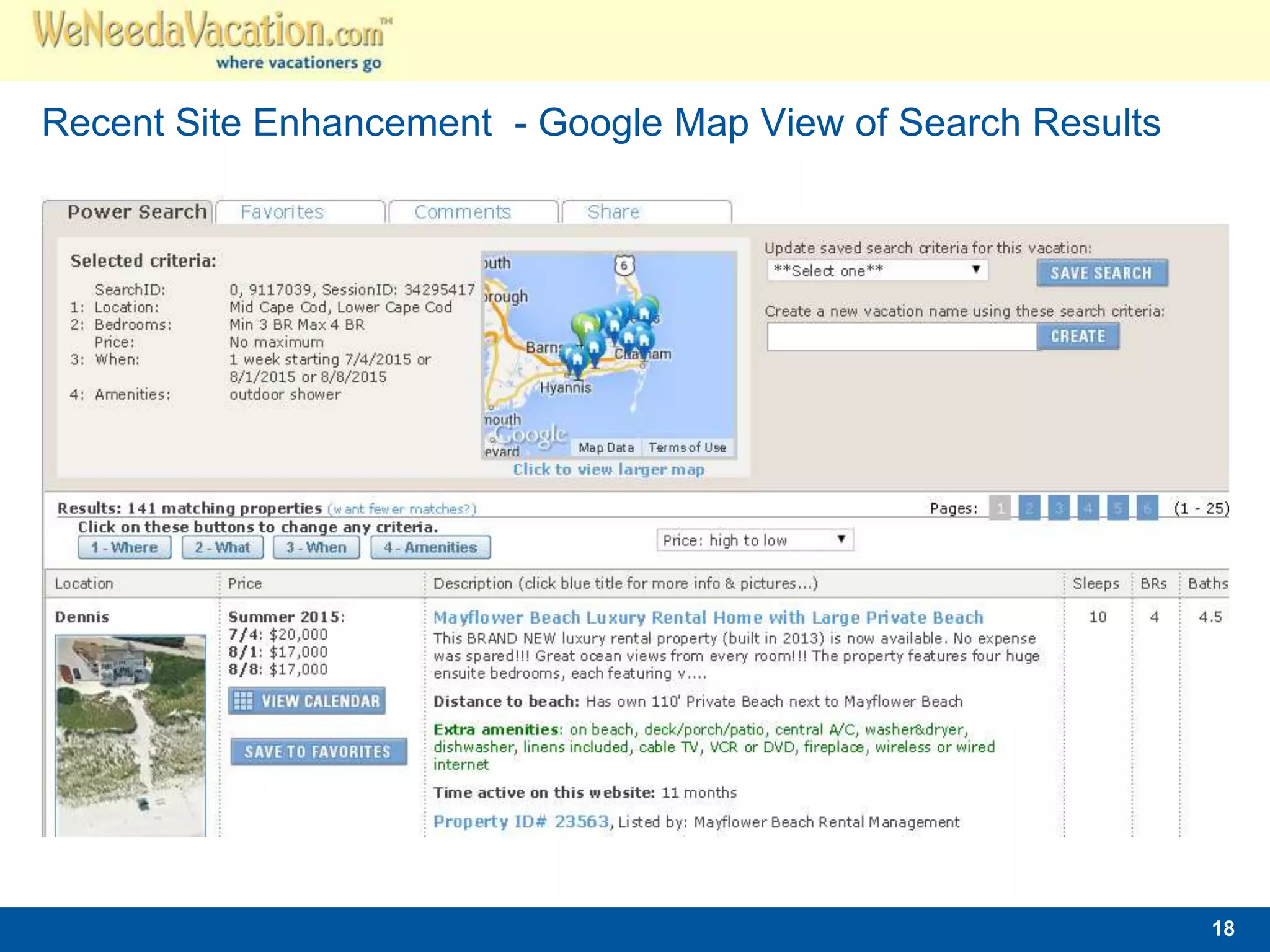 Recent Site Enhancement - Google Map View of Search Results 
18 
 