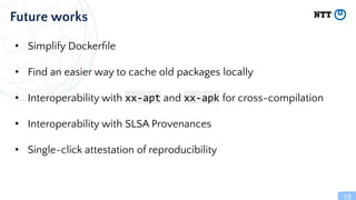 • Simplify Dockerﬁle
• Find an easier way to cache old packages locally
• Interoperability with xx-apt and xx-apk for cross-compilation
• Interoperability with SLSA Provenances
• Single-click attestation of reproducibility
13
Future works
 