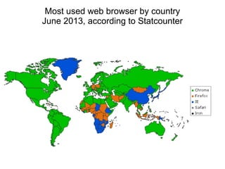 Most used web browser by country
June 2013, according to Statcounter
 