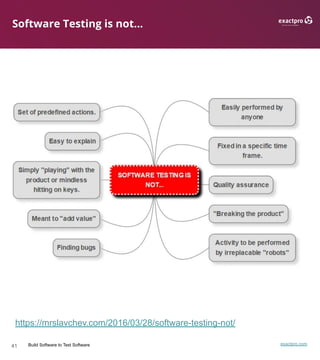 41 Build Software to Test Software exactpro.com
Software Testing is not...
https://mrslavchev.com/2016/03/28/software-testing-not/
 