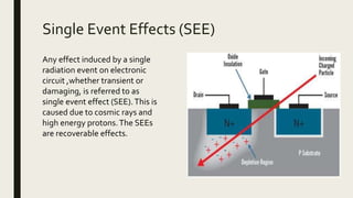 Single Event Effects (SEE)
Any effect induced by a single
radiation event on electronic
circuit ,whether transient or
damaging, is referred to as
single event effect (SEE).This is
caused due to cosmic rays and
high energy protons.The SEEs
are recoverable effects.
 