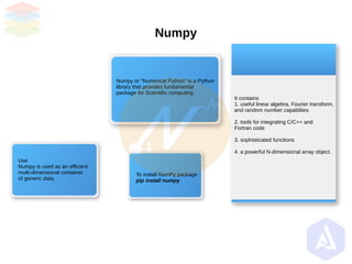 Numpy
It contains
1. useful linear algebra, Fourier transform,
and random number capabiliies
2. tools for integrating C/C++ and
Fortran code
3. sophisticated functions
4. a powerful N-dimensional array object.
To install NumPy package
pip install numpy
Use
Numpy is used as an efficient
multi-dimensional container
of generic data.
Numpy or “Numerical Python” is a Python
library that provides fundamental
package for Scientific computing.
 