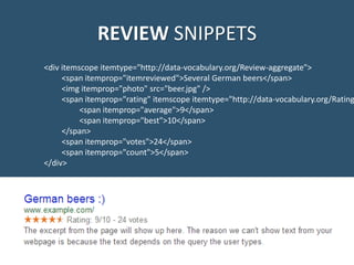REVIEW SNIPPETS
<div itemscope itemtype="http://data-vocabulary.org/Review-aggregate">
<span itemprop="itemreviewed">Several German beers</span>
<img itemprop="photo" src="beer.jpg" />
<span itemprop="rating" itemscope itemtype="http://data-vocabulary.org/Rating
<span itemprop="average">9</span>
<span itemprop="best">10</span>
</span>
<span itemprop="votes">24</span>
<span itemprop="count">5</span>
</div>
 