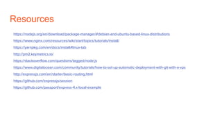 Resources
https://nodejs.org/en/download/package-manager/#debian-and-ubuntu-based-linux-distributions
https://www.nginx.com/resources/wiki/start/topics/tutorials/install/
https://yarnpkg.com/en/docs/install#linux-tab
http://pm2.keymetrics.io/
https://stackoverflow.com/questions/tagged/node.js
https://www.digitalocean.com/community/tutorials/how-to-set-up-automatic-deployment-with-git-with-a-vps
http://expressjs.com/en/starter/basic-routing.html
https://github.com/expressjs/session
https://github.com/passport/express-4.x-local-example
 