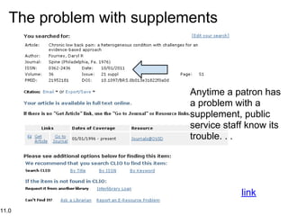 The problem with supplements



                           Anytime a patron has
                           a problem with a
                           supplement, public
                           service staff know its
                           trouble. . .




                                       link
11.0
 