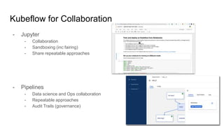 Kubeflow for Collaboration
- Jupyter
- Collaboration
- Sandboxing (inc fairing)
- Share repeatable approaches
- Pipelines
- Data science and Ops collaboration
- Repeatable approaches
- Audit Trails (governance)
 