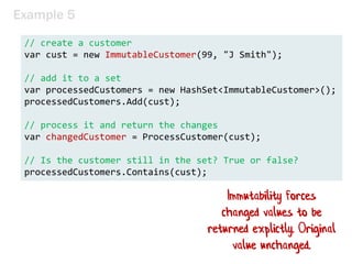 Example 5
// create a customer
var cust = new ImmutableCustomer(99, "J Smith");
// add it to a set
var processedCustomers = new HashSet<ImmutableCustomer>();
processedCustomers.Add(cust);
// process it and return the changes
var changedCustomer = ProcessCustomer(cust);
// Is the customer still in the set? True or false?
processedCustomers.Contains(cust);
Immutability forces
changed values to be
returned explictly. Original
value unchanged.
 
