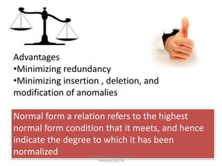 Advantages
•Minimizing redundancy
•Minimizing insertion , deletion, and
modification of anomalies
Normal form a relation refers to the highest
normal form condition that it meets, and hence
indicate the degree to which it has been
normalized prepared by Visakh V,Assistant
Professor,LBSITW
 