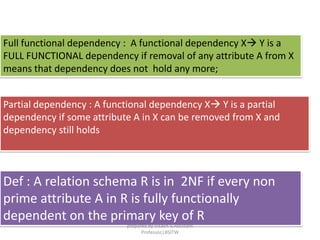 Full functional dependency : A functional dependency X Y is a
FULL FUNCTIONAL dependency if removal of any attribute A from X
means that dependency does not hold any more;
Partial dependency : A functional dependency X Y is a partial
dependency if some attribute A in X can be removed from X and
dependency still holds
Def : A relation schema R is in 2NF if every non
prime attribute A in R is fully functionally
dependent on the primary key of R
prepared by Visakh V,Assistant
Professor,LBSITW
 