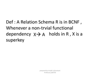 Def : A Relation Schema R is in BCNF ,
Whenever a non-trvial functional
dependency holds in R , X is a
superkey
X A
prepared by Visakh V,Assistant
Professor,LBSITW
 