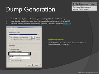Dump Generation
 Control Panel  System  Advanced system settings  Startup and Recovery
 Page file size should be greater than the amount of physical memory by a few MB
 For small system partitions or virtual disk systems: DedicatedDumpFile (KB969028)
To Be Discussed Later
Truncated Dump pattern
Manual Dump pattern
© 2010 Memory Dump Analysis Services
Troubleshooting note:
HKLM  SYSTEM  CurrentControlSet  Control  CrashControl
CrashDumpEnabled = 1 (DWORD)
 