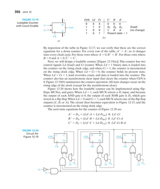 By inspection of the table in Figure 12-17, we can verify that these are the correct
equations for a down counter. For every row of the table, A
 A , so A changes
state every clock cycle. For those rows where A  0, B
 B . For those rows where
B  0 and A  0, C
 C .
Next, we will design a loadable counter [Figure 12-19(a)]. This counter has two
control signals Ld (load) and Ct (count). When Ld  1 binary data is loaded into
the counter on the rising clock edge, and when Ct  1, the counter is incremented
on the rising clock edge. When Ld  Ct  0, the counter holds its present state.
When Ld  Ct  1, load overrides count, and data is loaded into the counter. The
counter also has an asynchronous clear input that clears the counter when ClrN is
0. Figure 12-19(b) summarizes the counter operation.All state changes occur on the
rising edge of the clock (except for the asynchronous clear).
Figure 12-20 shows how the loadable counter can be implemented using flip-
flops, MUXes, and gates. When Ld  1, each MUX selects a Di input, and because
the output of each AND gate is 0, the output of each XOR gate is Di, which gets
stored in a flip-flop.When Ld  0 and Ct  1, each MUX selects one of the flip-flop
outputs (C, B, or A). The circuit then becomes equivalent to Figure 12-15, and the
counter is incremented on the rising clock edge.
The next-state equations for the counter of Figure 12-20 are
A
 DA  (Ld A  Ld DAin) ⊕ Ld Ct
B
 DB  (Ld B  Ld DBin) ⊕ Ld Ct A
C
 DC  (Ld C  Ld DCin) ⊕ Ld Ct B A
366 Unit 12
(a)
Q
D
Clk
3
3
ClrN
Ct
Ld
ClrN Ld Ct C
B
A
0 X X 0 0 0
1 1 X DC DB DA (load)
1 0 0 C B A (no change)
1 0 1 Present state  1
(b)
FIGURE 12-19
Loadable Counter
with Count Enable
C
C′
Clk
Ld
Ld
Ct
DC
DCin
ClrN
B
B′
Clk
Ld
DB
DBin
ClrN
A
A′
Clk
Ld
DA
DAin
ClrN
FIGURE 12-20
Circuit for
Figure 12-19
 