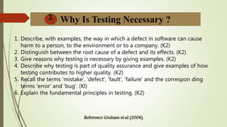 Why Is Testing Necessary ?
1. Describe, with examples, the way in which a defect in software can cause
harm to a person, to the environment or to a company. (K2)
2. Distinguish between the root cause of a defect and its effects. (K2)
3. Give reasons why testing is necessary by giving examples. (K2)
4. Describe why testing is part of quality assurance and give examples of how
testing contributes to higher quality. (K2)
5. Recall the terms 'mistake', 'defect', 'fault', 'failure' and the correspon ding
terms 'error' and 'bug'. (Kl)
6. Explain the fundamental principles in testing. (K2)
 