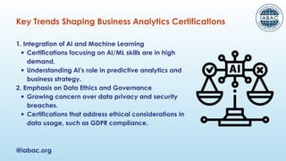 1. Integration of AI and Machine Learning
Certifications focusing on AI/ML skills are in high
demand.
Understanding AI’s role in predictive analytics and
business strategy.
2. Emphasis on Data Ethics and Governance
Growing concern over data privacy and security
breaches.
Certifications that address ethical considerations in
data usage, such as GDPR compliance.
@iabac.org
Key Trends Shaping Business Analytics Certifications
 