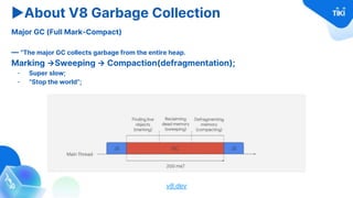 ▶About V8 Garbage Collection
Major GC (Full Mark-Compact)
— “The major GC collects garbage from the entire heap.
Marking →Sweeping → Compaction(defragmentation);
- Super slow;
- “Stop the world”;
v8.dev
 