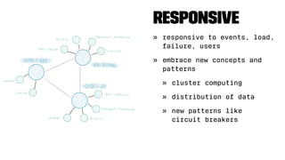 Responsive
» responsive to events, load,
failure, users
» embrace new concepts and
patterns
» cluster computing
» distribution of data
» new patterns like
circuit breakers
 