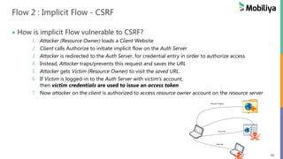 40
Flow 2 : Implicit Flow - CSRF
 How is implicit Flow vulnerable to CSRF?
1. Attacker (Resource Owner) loads a Client Website
2. Client calls Authorize to initiate implicit flow on the Auth Server
3. Attacker is redirected to the Auth Server, for credential entry in order to authorize access
4. Instead, Attacker traps/prevents this request and saves the URL
5. Attacker gets Victim (Resource Owner) to visit the saved URL.
6. If Victim is logged-in to the Auth Server with victim’s account,
then victim credentials are used to issue an access token
7. Now attacker on the client is authorized to access resource owner account on the resource server
Phishing
Cross-site
Request Forgery
 
