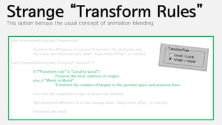 Strange “Transform Rules”
This option betrays the usual concept of animation blending


 void OrientationConstraint::Preprocess()
 {
              Preserve the difference of rotation D between the bind pose and
              the result with Process() only when “Keep Initial Offset” is checked
 }
 void OrientationConstraint::Process(/* Omitted */)
 {
              if (“Transform rule” is “Local to Local”)
                            Preserve the local rotations of targets
              else // “World to World”
                            Transform the rotation of targets to the parental space and preserve them

              Calculate the weighted average of preserved rotations

              Add preserved difference D to the average when “Keep initial offset” is checked

              Preserved the result
 }
 