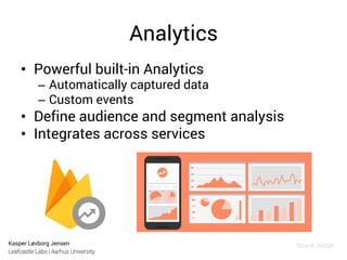 Kasper Løvborg Jensen
Leafcastle Labs | Aarhus University
Analytics
•  Powerful built-in Analytics
–  Automatically captured data
–  Custom events
•  Define audience and segment analysis
•  Integrates across services
Source: Google
 
