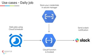 Use cases - Daily job
Daily jobs using
Cloud Scheduler
Send a slack
notification
Cloud Function
is Invoked
Store your credentials
in secret manager
 