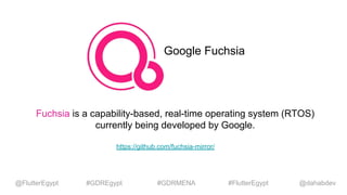 Google Fuchsia
Fuchsia is a capability-based, real-time operating system (RTOS)
currently being developed by Google.
https://github.com/fuchsia-mirror/
@dahabdev@FlutterEgypt #GDREgypt #GDRMENA #FlutterEgypt
 