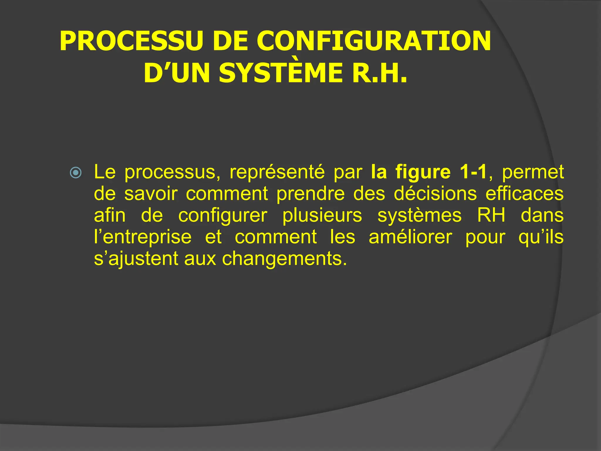 PROCESSU DE CONFIGURATION
D’UN SYSTÈME R.H.
 Le processus, représenté par la figure 1-1, permet
de savoir comment prendre des décisions efficaces
afin de configurer plusieurs systèmes RH dans
l’entreprise et comment les améliorer pour qu’ils
s’ajustent aux changements.
 