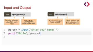 Input and Output
>>> input([prompt])
Function to accept
value from users
via cli
Value to be
entered by user
>>> print([output])
Function to output
value to users
Value printed on
the user screen
 